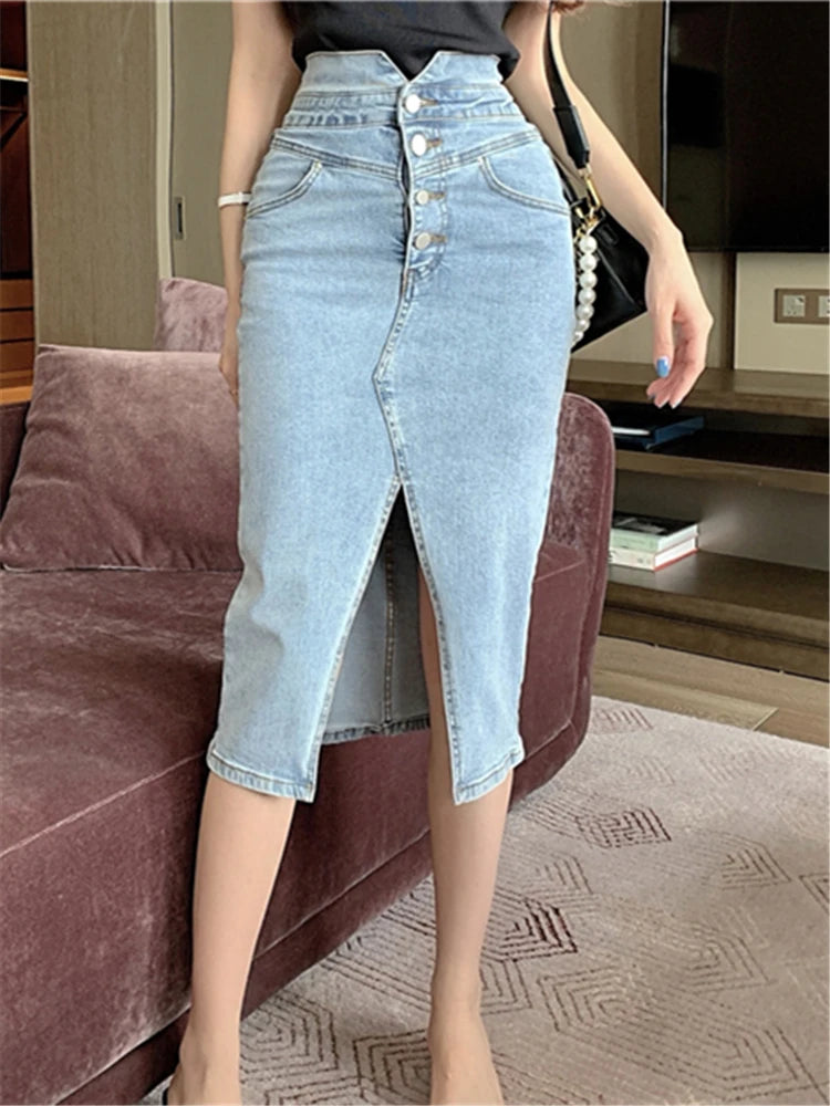 Seoulish New Front Split Women's Denim Wrap Skirts Buttons High Wasit Jeans Female Straight Pencil Midi Skirts Summer