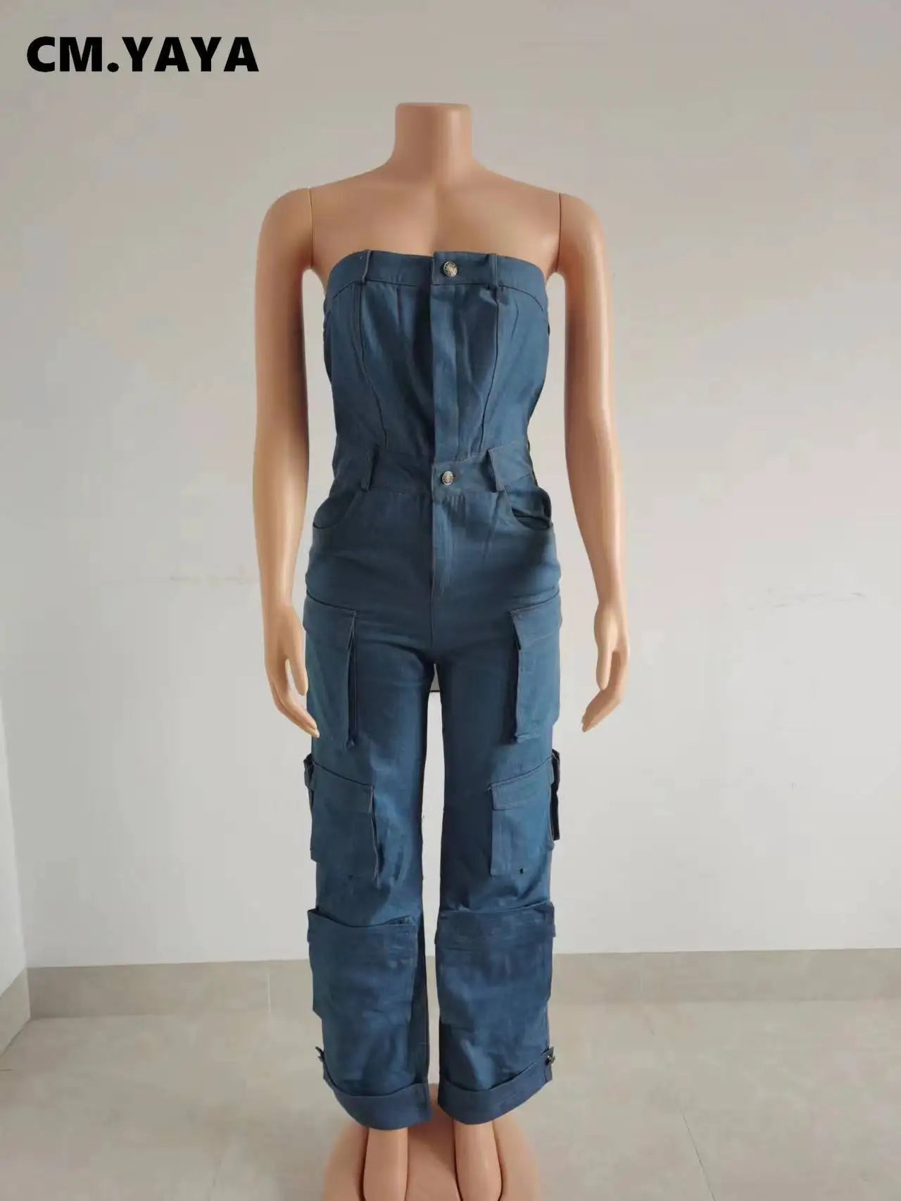 CM.YAYA Women Sleeveless Button Front Strapless Pocket Side Cargo Denim Jeans Jumpsuit Street One Piece Suit Romper Playsuits