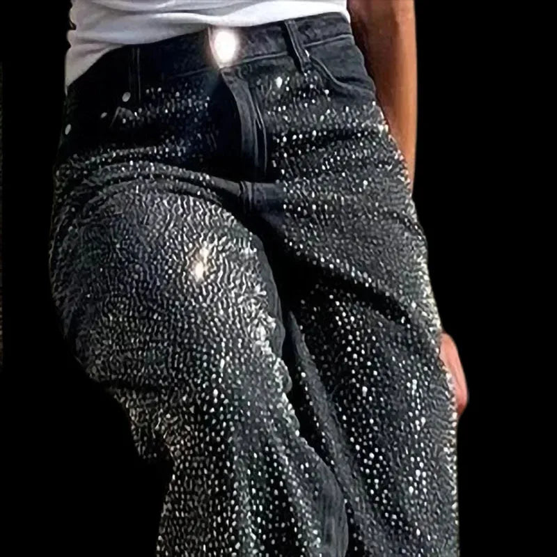 New rhinestone Baggy High Waist Wide jeans