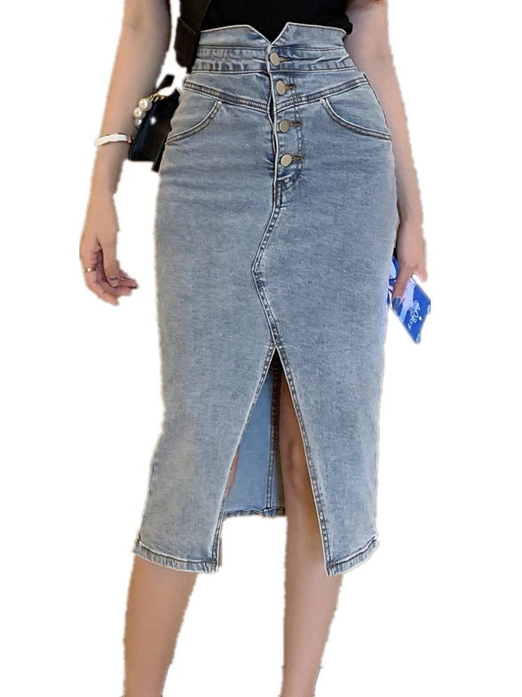 Seoulish New Front Split Women's Denim Wrap Skirts Buttons High Wasit Jeans Female Straight Pencil Midi Skirts Summer