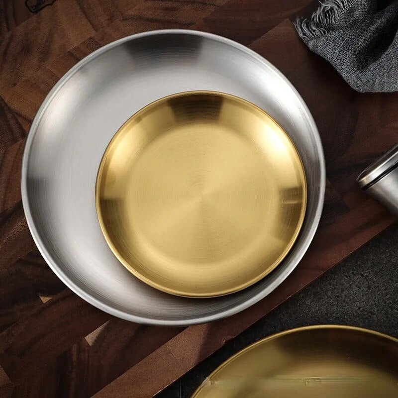 Korean stainless steel thickened disc Golden Cafe Tray Fruit Plate Cake Plate Bone Dish Dish Dish Shallow Plate