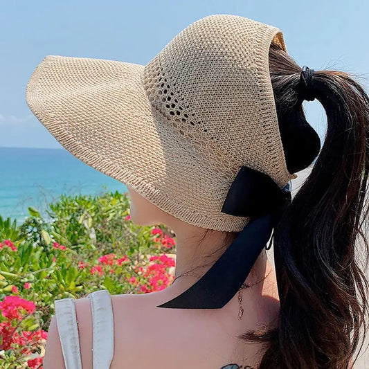 Summer Straw Hat  Empty Sun Hats With Bow Foldable UV Protection Wide Brim Beach Visor Caps For Women