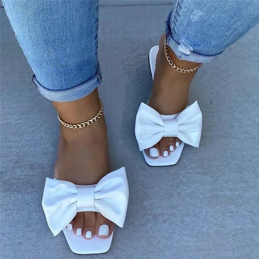 Fashion Summer Plus Size One-line Solid Color Bow Flat Sandals