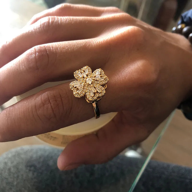 Rotating Four Clover Rings for Women