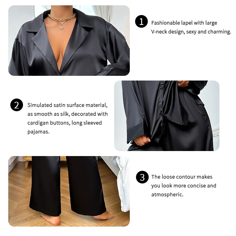 Womens 2 Piece Silk Satin Pajamas Long Sleeve Deep V-neck Lounge Sets