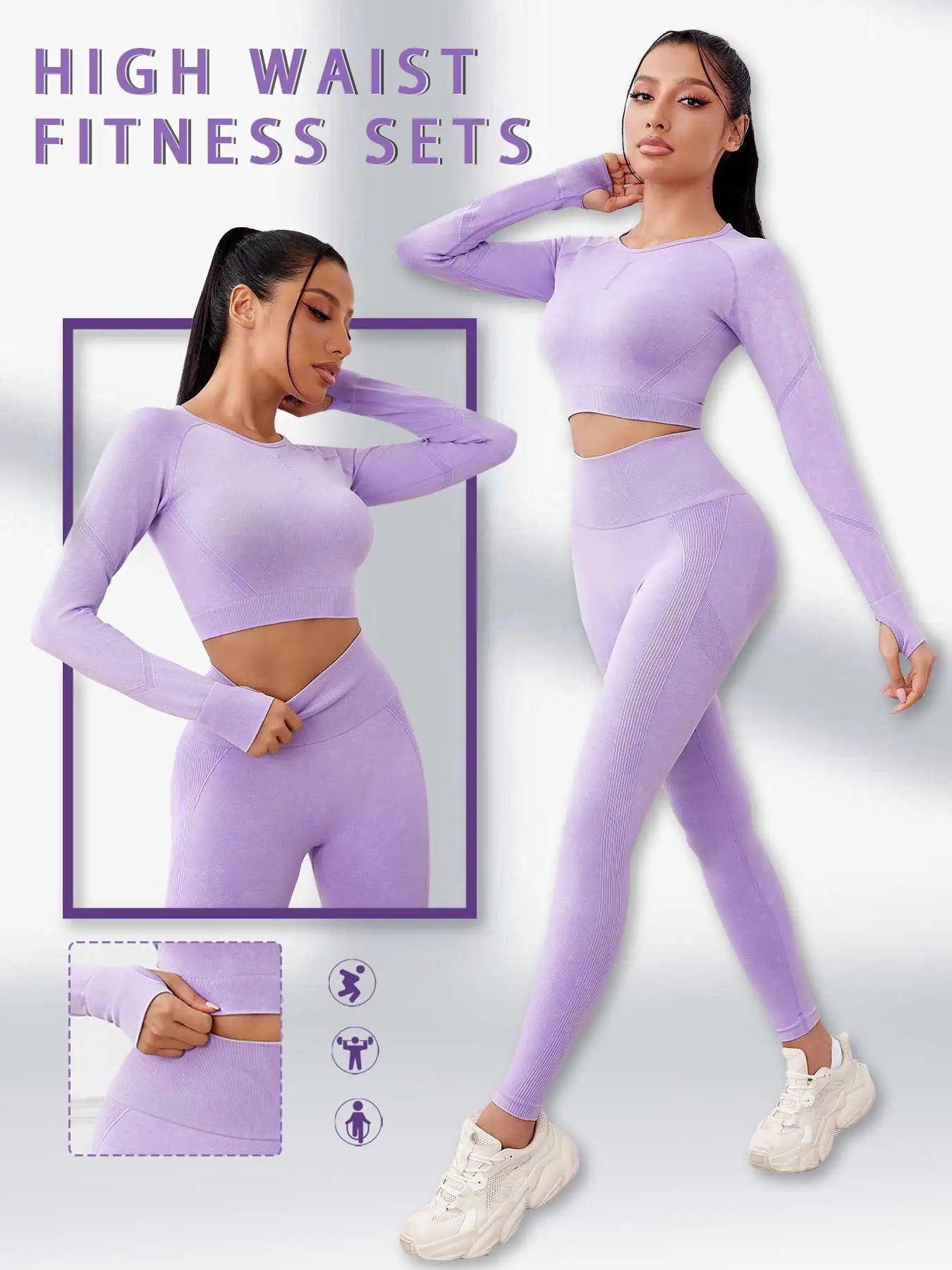 NORMOV 2PCS Seamless Yoga Sets Women Wash Gym Sports Set Long Sleeve Fitness Sets Butt Lift Scrunch Workout Yoga Suits