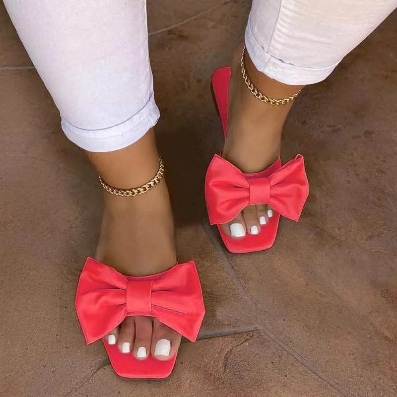 Fashion Summer Plus Size One-line Solid Color Bow Flat Sandals