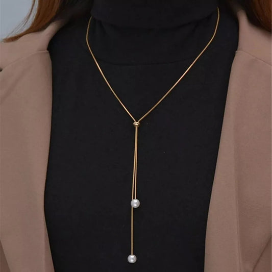 Fashion Simple Gold Color Pearl Necklaces for Women Long Tassel