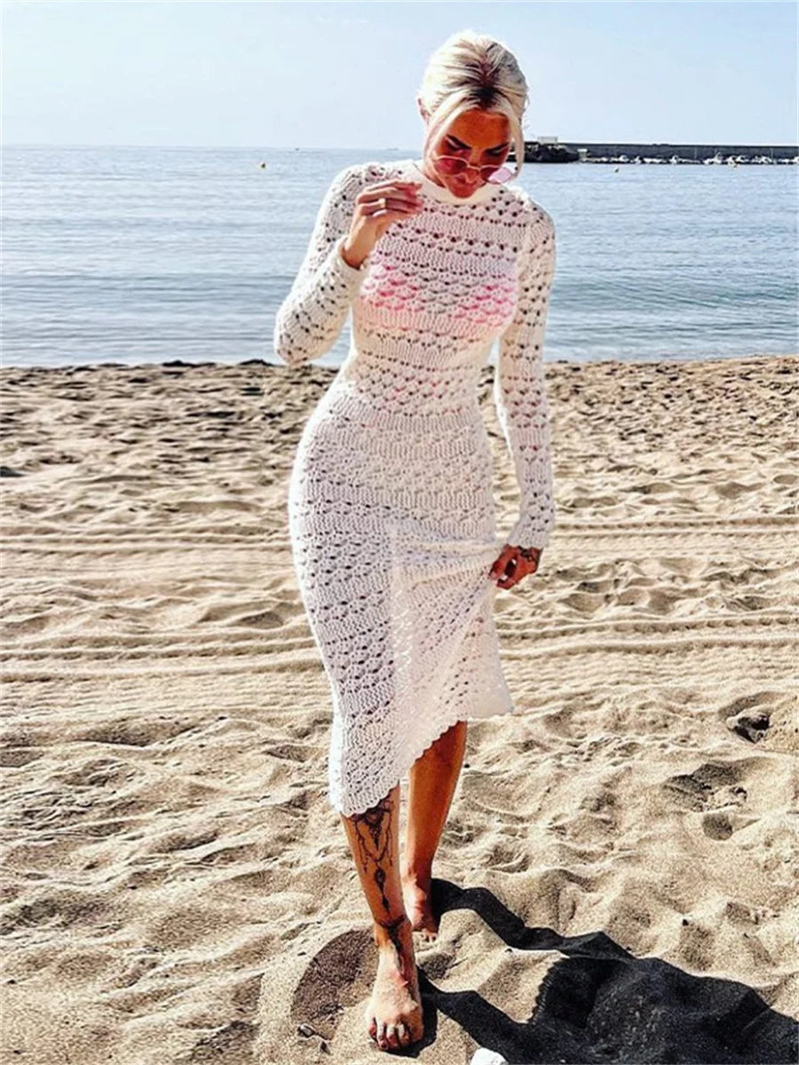 wsevypo Backless Tie Up Knit Crochet Beach Long Dress Women