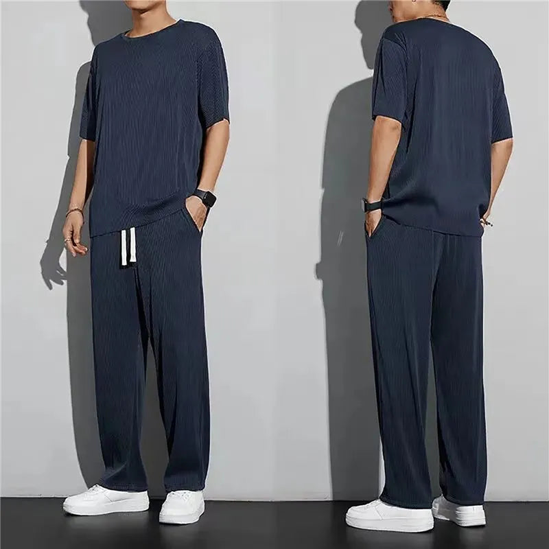 New Ice Silk Casual Suit Male Ins Tide Brand Straight Pleated Sports Pants