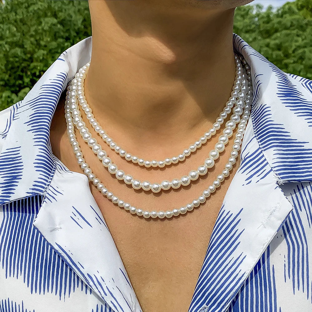 New Trendy Imitation Pearl Necklace Men Temperament Simple Handmade Strand Bead Necklace For Women