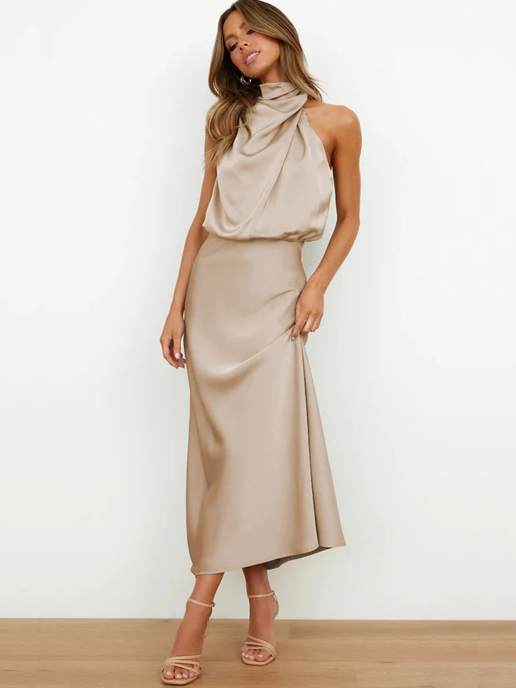 Summer Silk Satin Sleeveless Long Dress