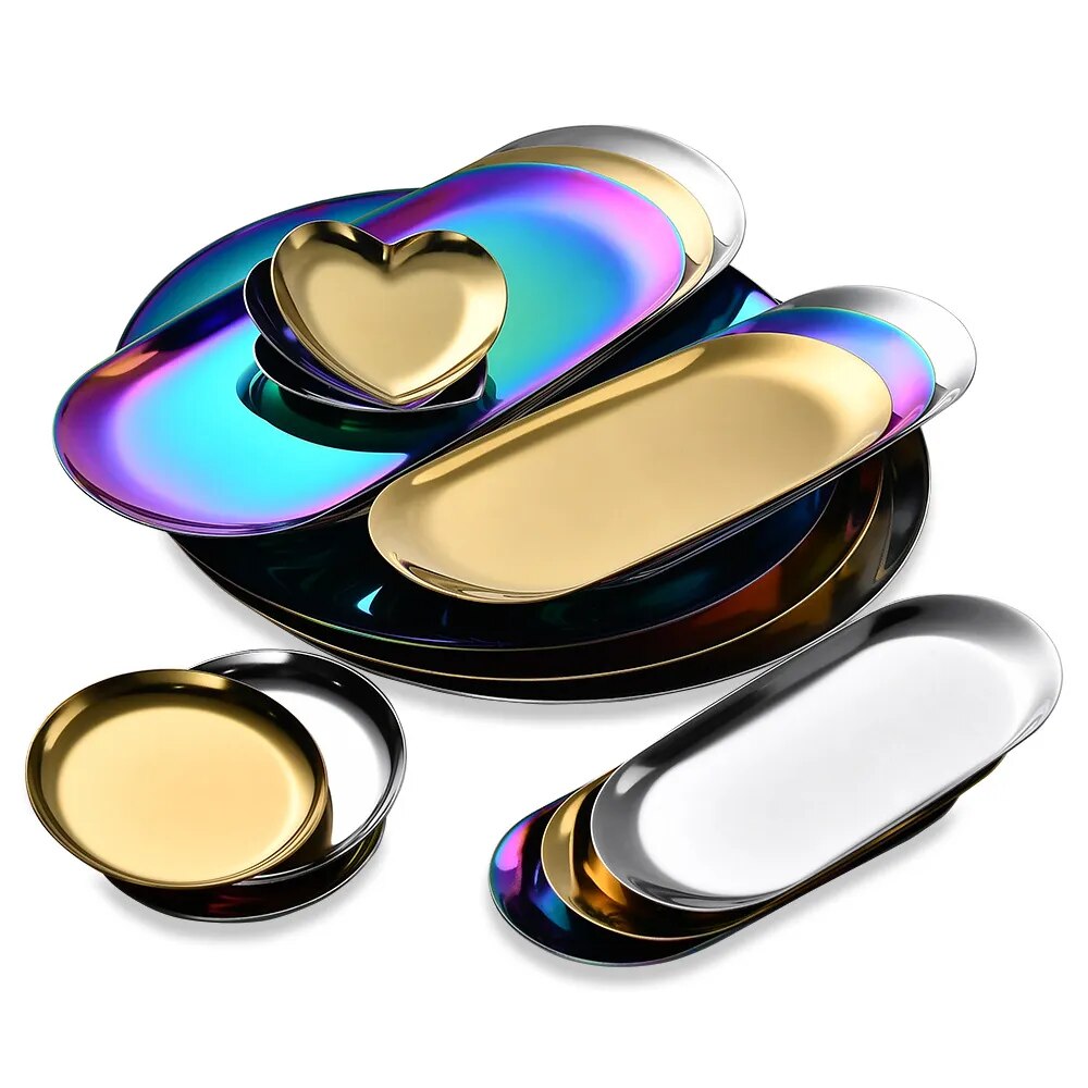 Mirror Stainless Steel Gold Dining Plate Dessert Plate Nut Fruit Cake Tray Snack Kitchen Plate Western Steak Kitchen Plate Dish