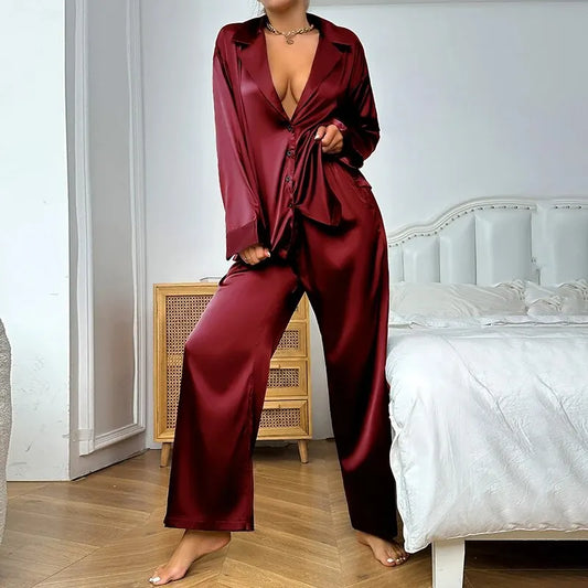 Womens 2 Piece Silk Satin Pajamas Long Sleeve Deep V-neck Lounge Sets