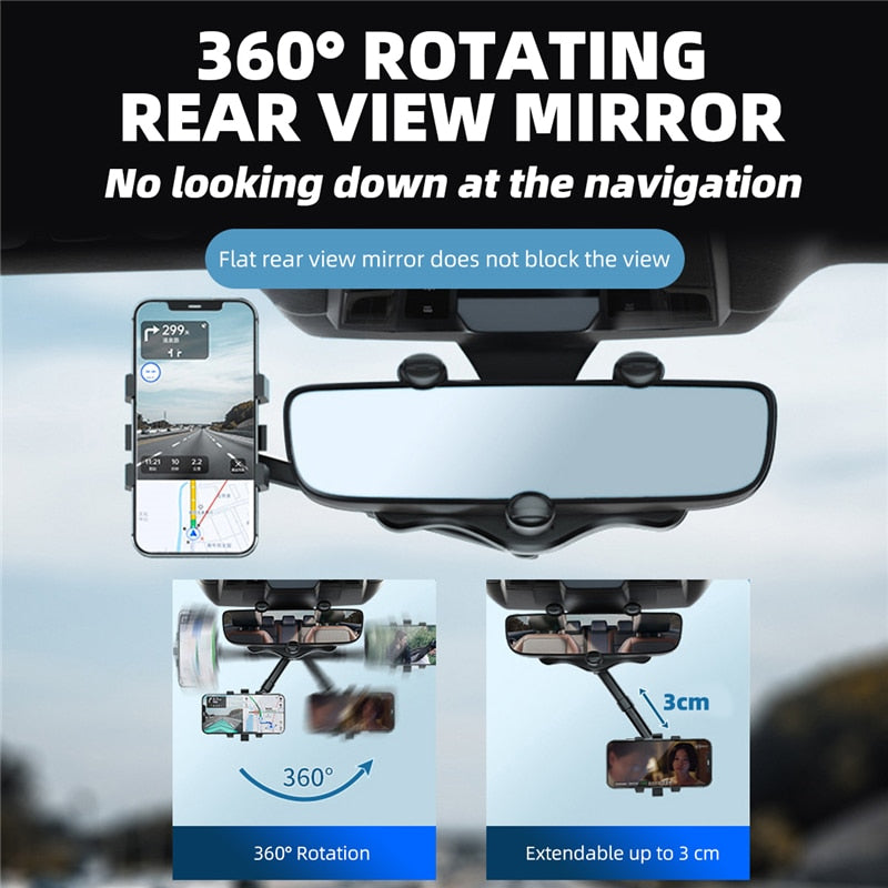 360° Car Rearview Mirror and Phone Holder