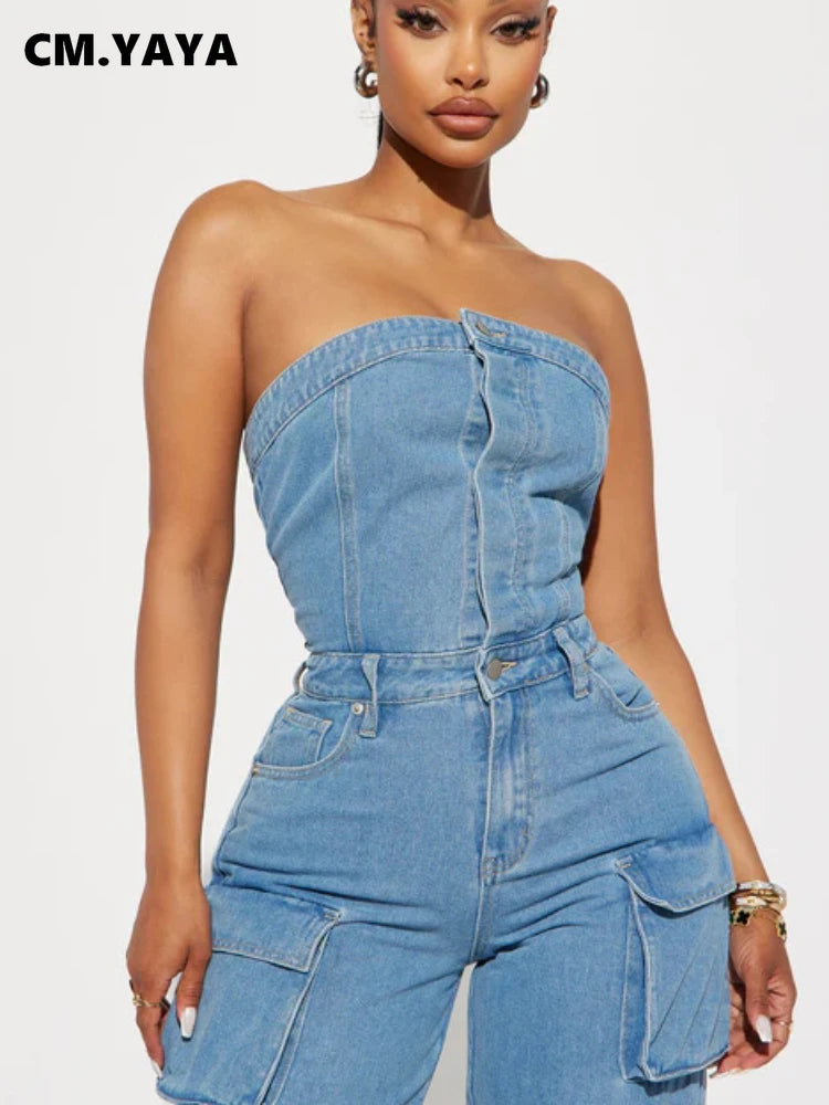 CM.YAYA Women Sleeveless Button Front Strapless Pocket Side Cargo Denim Jeans Jumpsuit Street One Piece Suit Romper Playsuits