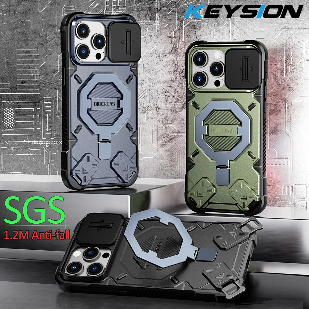 KEYSION Shockproof Case for MagSafe for iPhone 15 Pro Max 15Plus Silicone+PC Magnet Ring Stand Phone Cover.