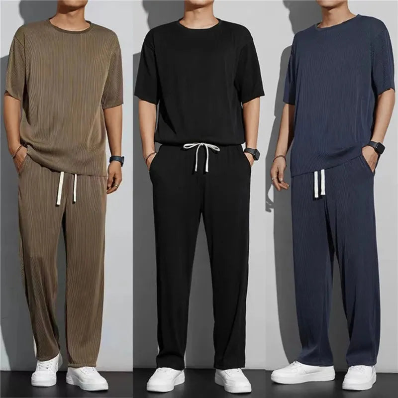 New Ice Silk Casual Suit Male Ins Tide Brand Straight Pleated Sports Pants