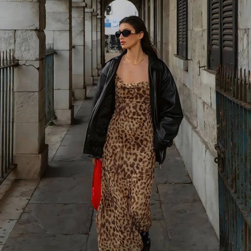 Waist-Tight Leopard Print Backless Sling Dress