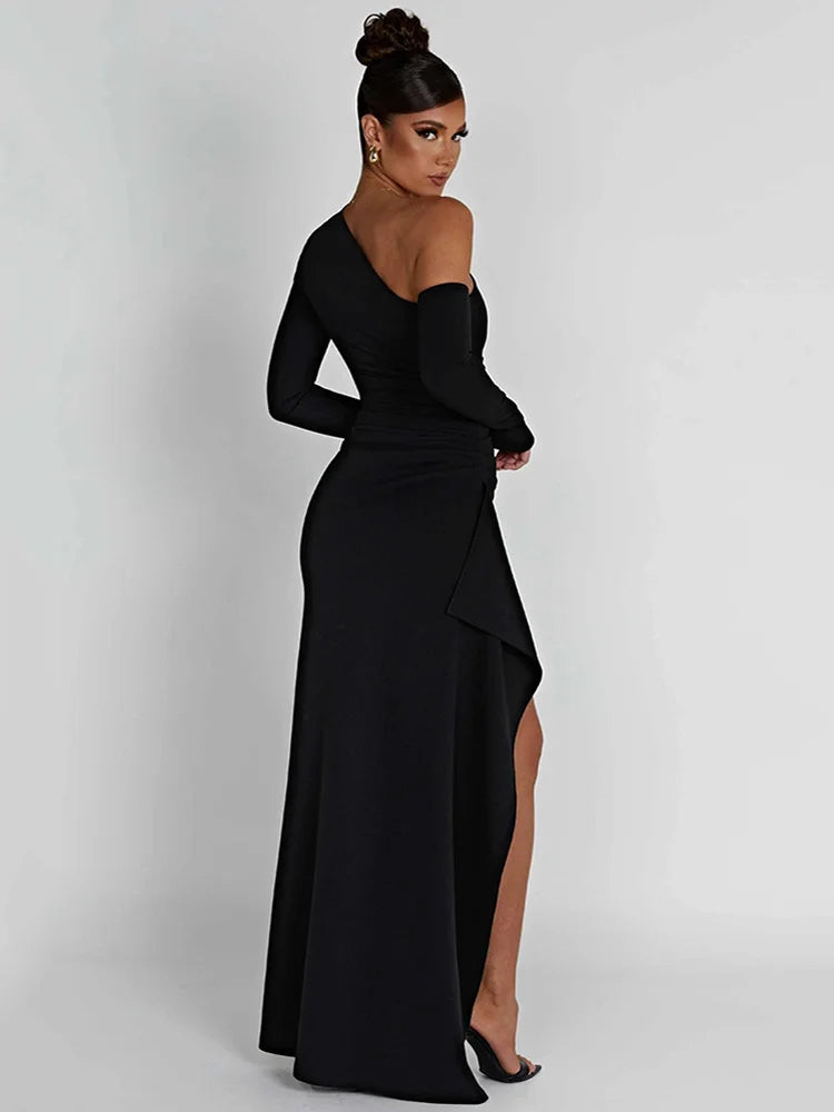 Mozision Oblique Shoulder Thigh High Split Maxi Dress Women