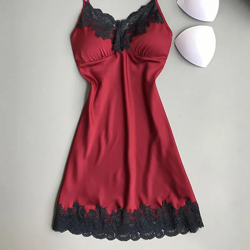 Women's Sexy Lingerie Summer Silk Night Gown Lace Patchwork Mini Night Dress