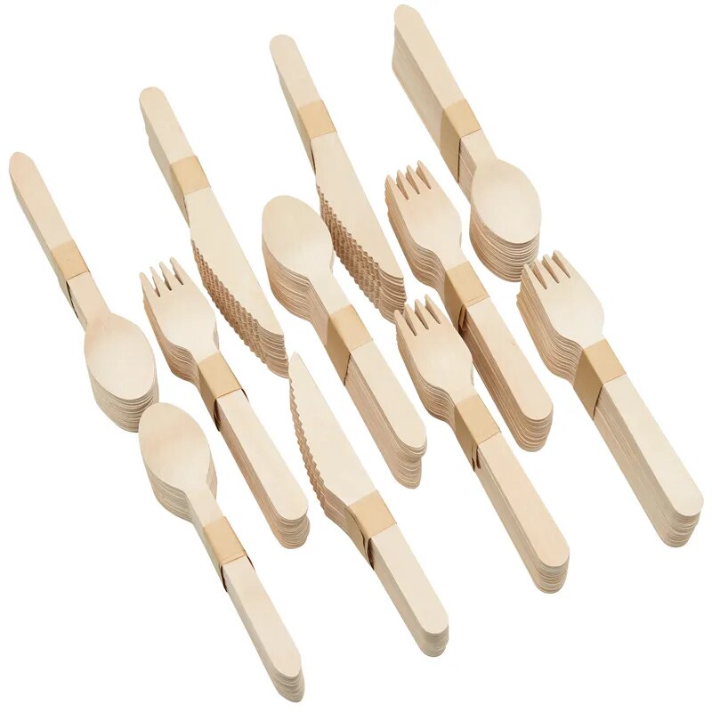 240/300pcs Disposable Wooden Cutlery Set Home Party Dessert Spoons Knives Forks Tableware Supplies Wedding Birthday Spoons