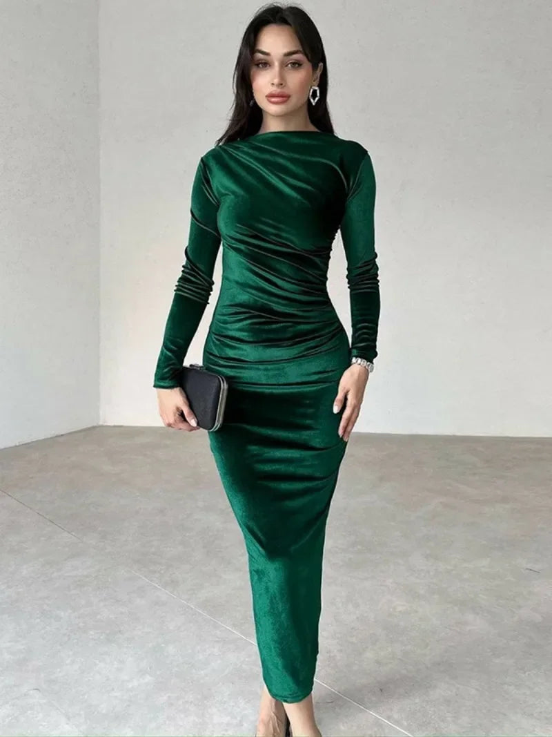 Women O-neck Folds High Waist Mid-calf Velvet Dress Elegant