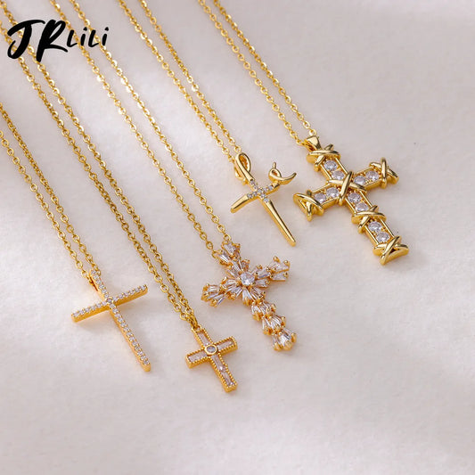 Zircon Cross Pendant Necklace for Women Gold Plated Stainless Steel Collar Necklaces