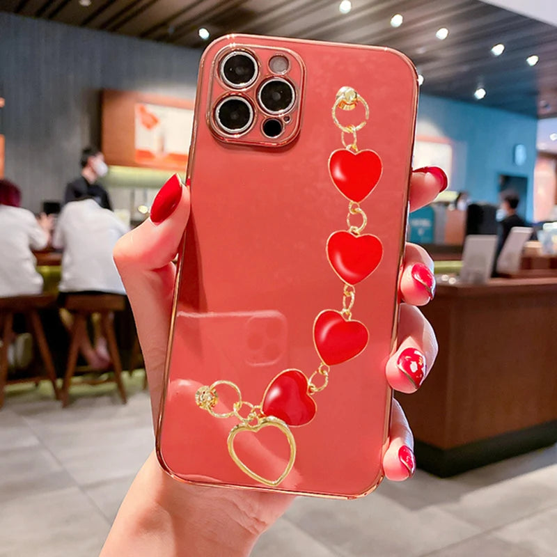 Fashion Plating Love Heart Bracelet Chain Case For iPhone 15 14 12 11 13 Pro Max X XS 13pro 14pro 7 8 Plus Shockproof Case Cover