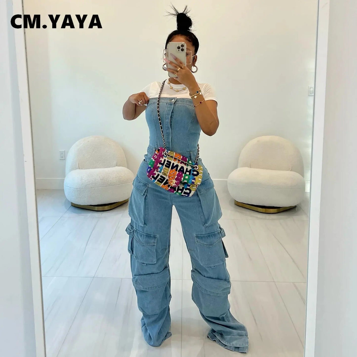 CM.YAYA Women Sleeveless Button Front Strapless Pocket Side Cargo Denim Jeans Jumpsuit Street One Piece Suit Romper Playsuits