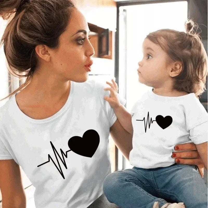 1PC Electrocardiogram Printed Family Matching Clothes T Shirt Fashion Mother and Daughter