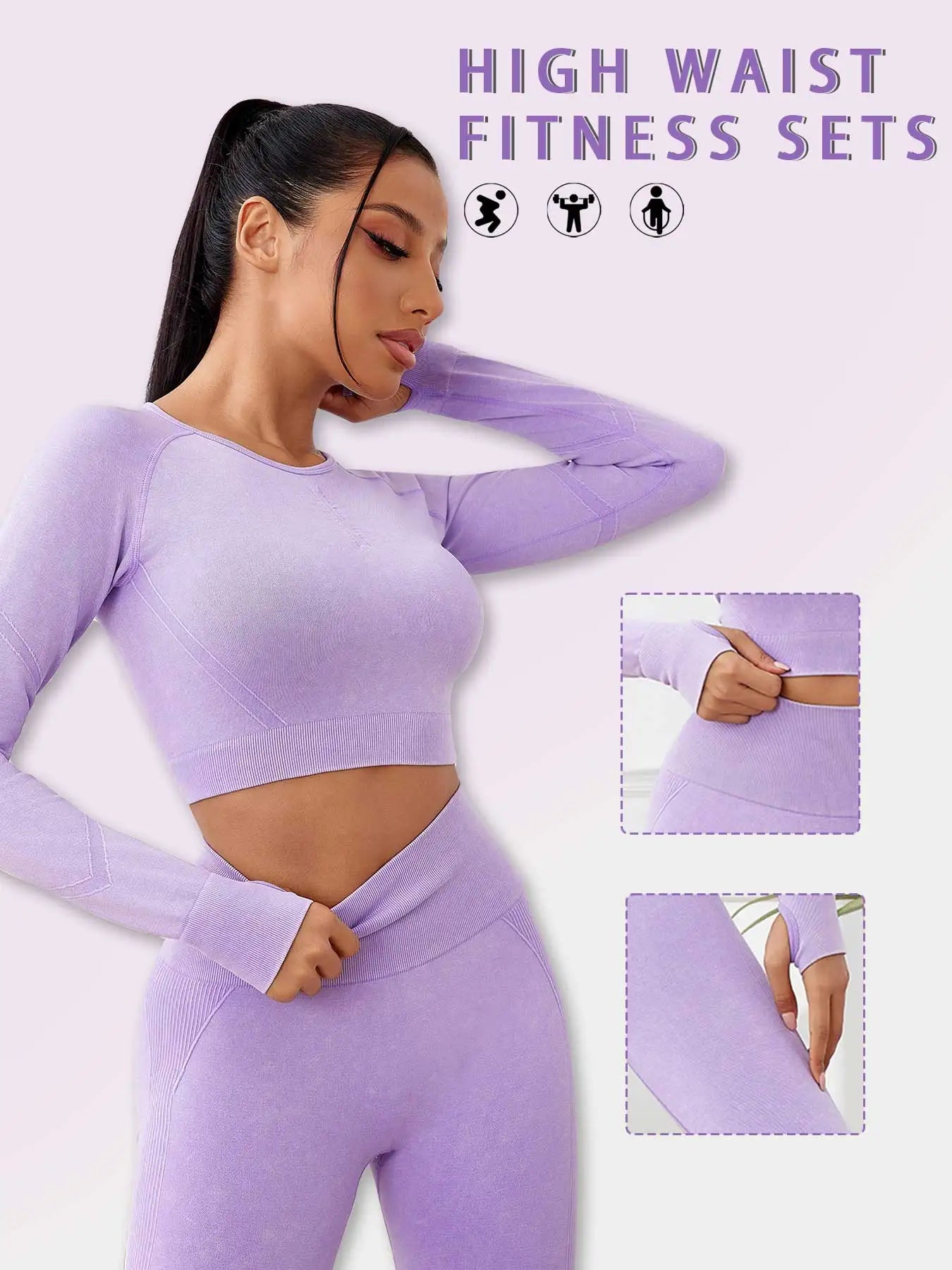 NORMOV 2PCS Seamless Yoga Sets Women Wash Gym Sports Set Long Sleeve Fitness Sets Butt Lift Scrunch Workout Yoga Suits