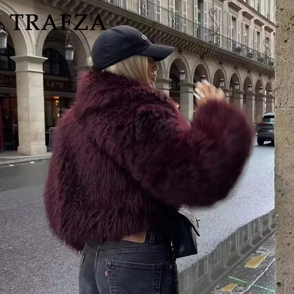 TRAFZA 2024 Autumn Winter Women Casual Faux Fur Jackets Fashion Streetwear Solid Turn Down Collar Warm Oversized Thick Coats