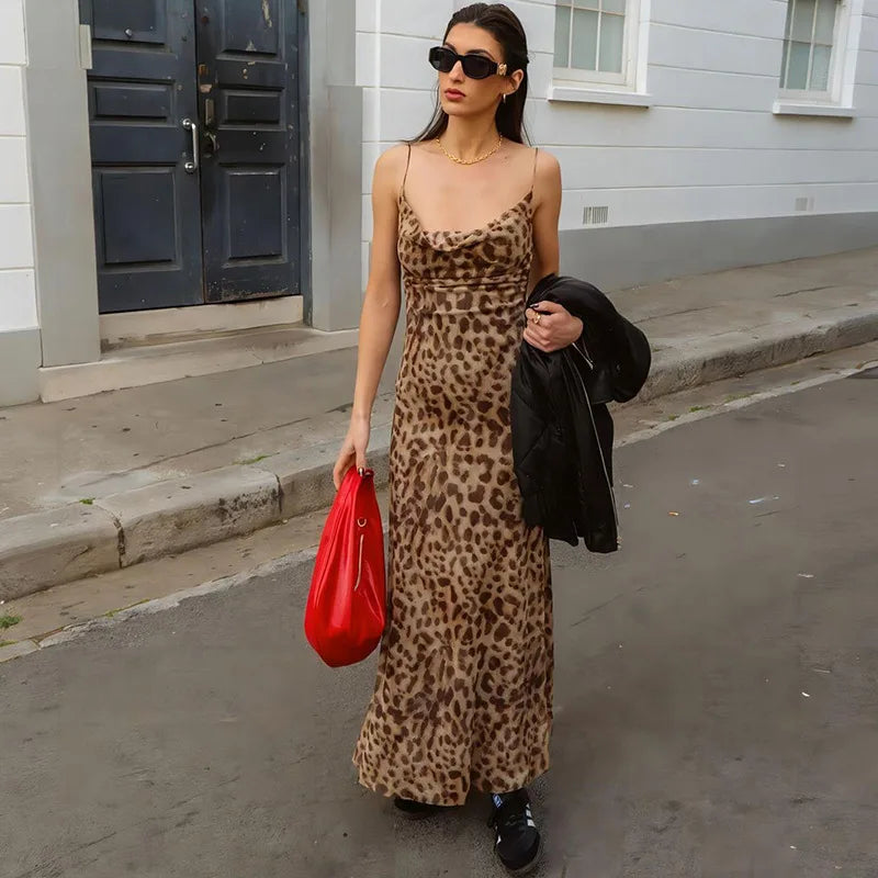 Waist-Tight Leopard Print Backless Sling Dress