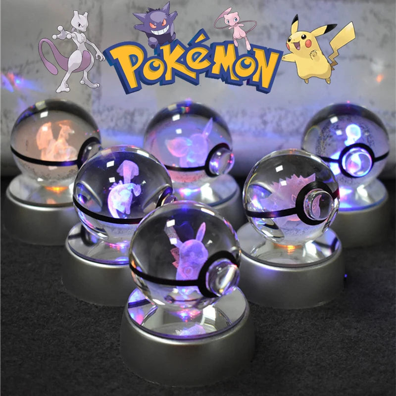 Pokemon 3D Crystal Ball Pikachu Gengar Mew Mewtwo Figurines Lamp Base