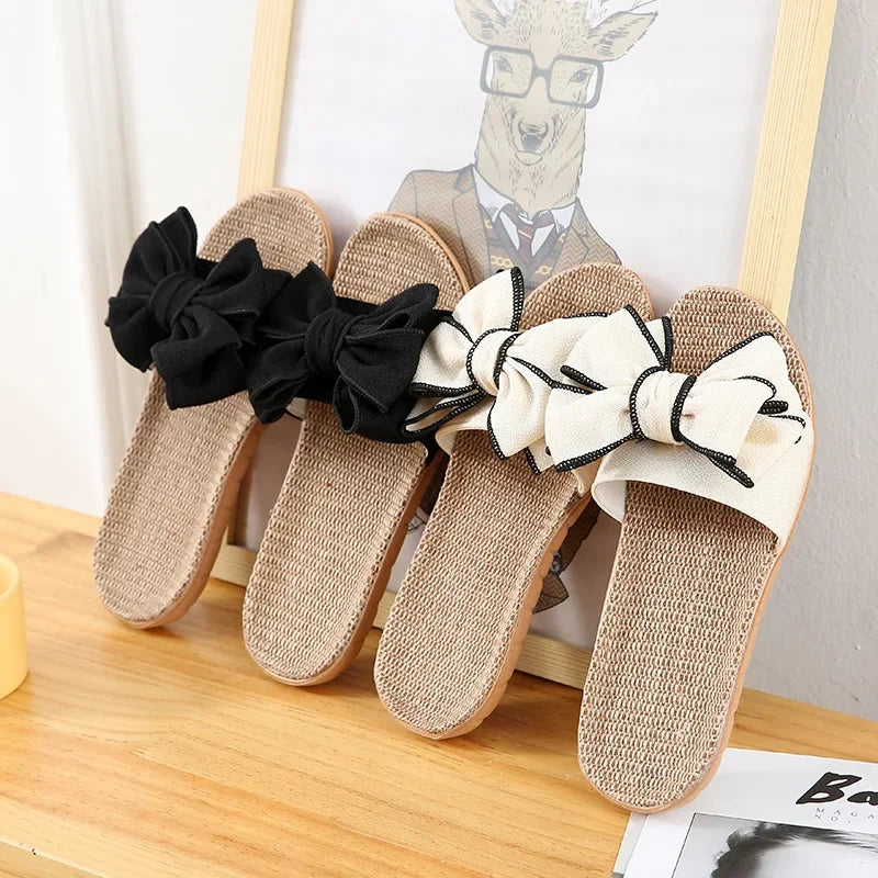 Women Summer Casual Slides Comfortable Flax Slippers Striped Bow Linen Flip Flops Platform Sandals Ladies