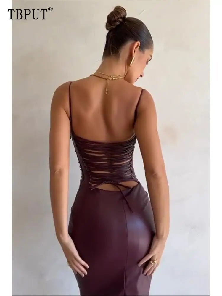 Sexy Bandage Backless Pu Leather Dress Women Elegant