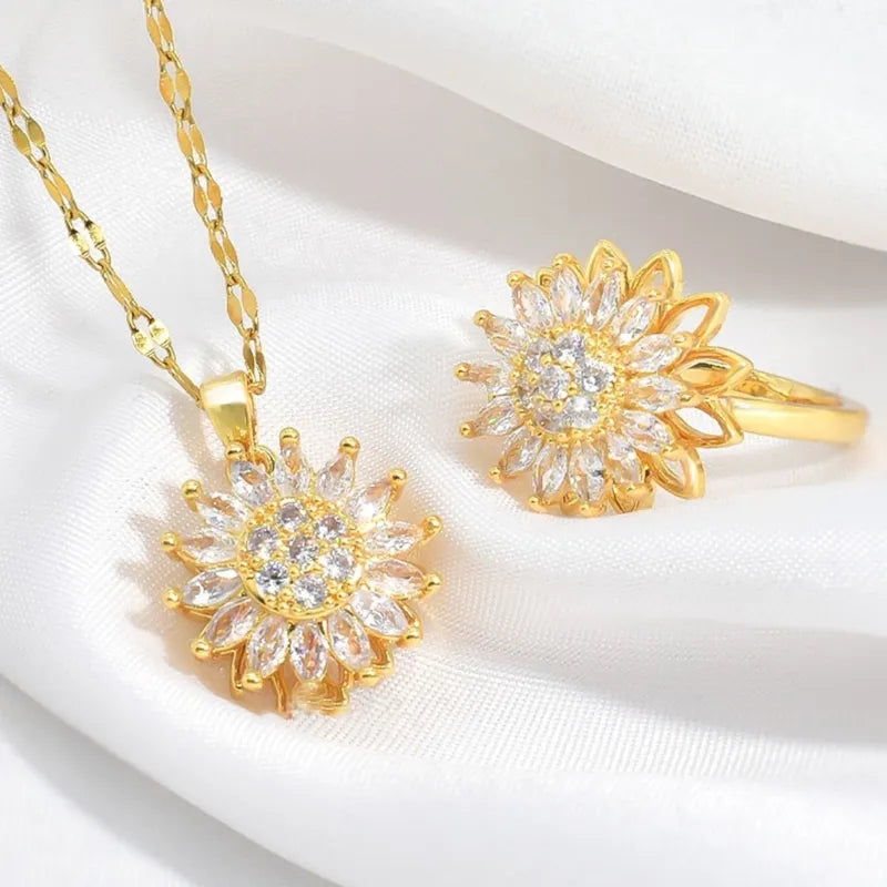 Fashion Necklace Ring Set Dainty Zircon Sunflower Pendant Necklace Rotatable Sunflower Clavicle Chain