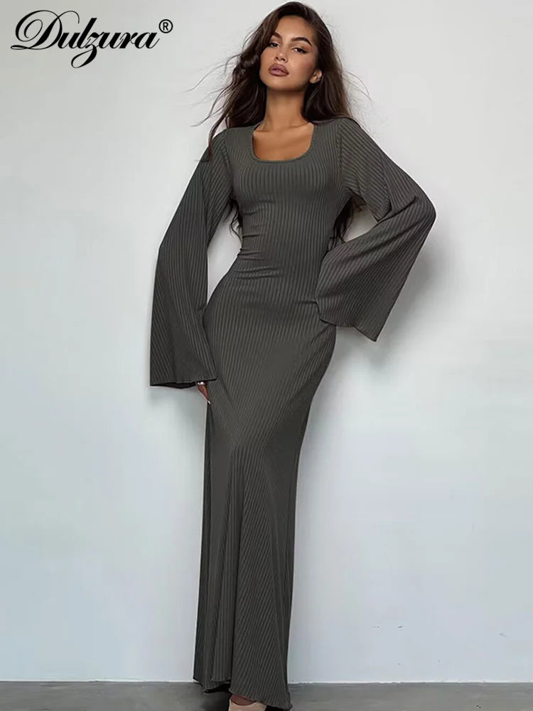 Dulzura Solid Ribbed Trumpet Sleeves Maxi Dress Back Lace-Up Straps Elegant Casual