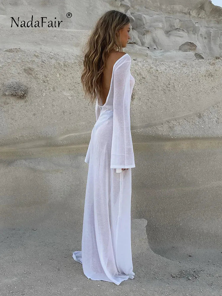 Nadafair Mesh White Elegant Women Beach Long Dress Backless See Through Sexy Long Sleeve