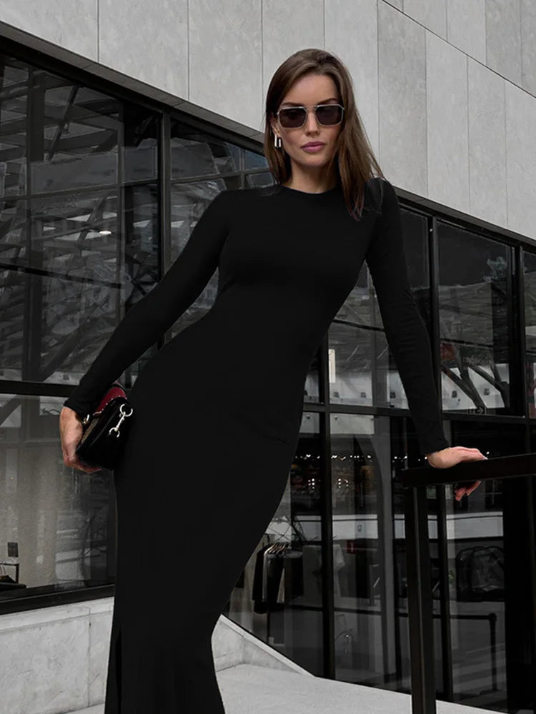 CNYISH Elegant Women Dresses O Neck Long Sleeve Slim Outfits