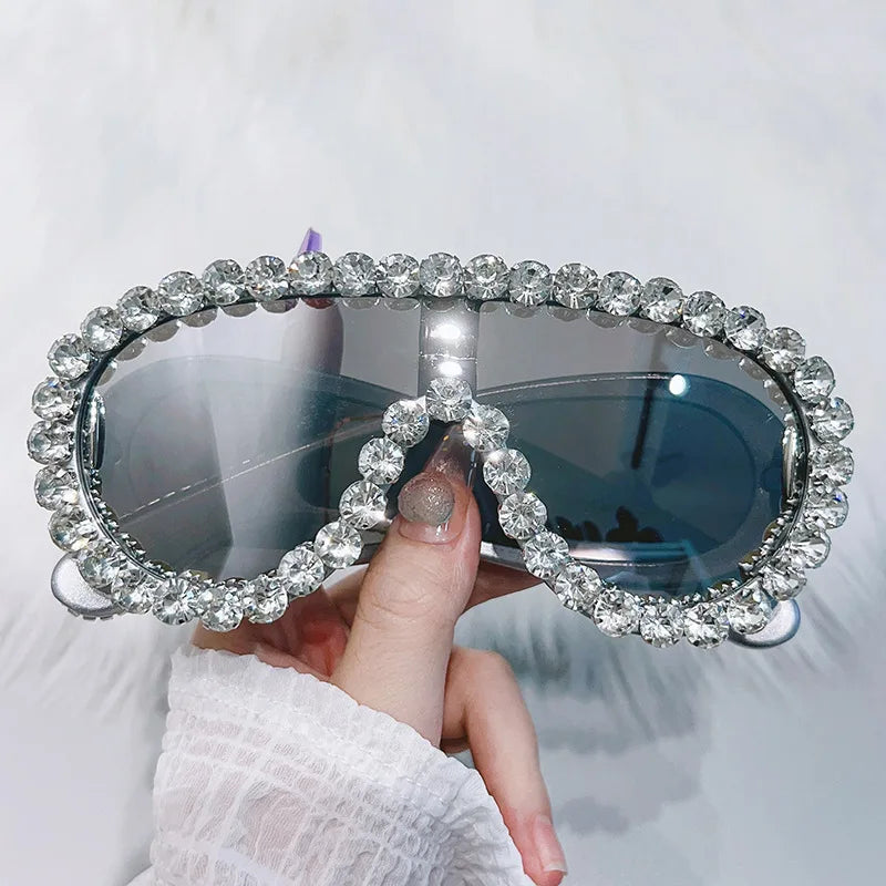 Shiny Diamonds Y2K Sunglasses Women Luxury Oversized One Piece Sun Glasses Goggle Female Trends Rhinestone Shades Eyewear UV400