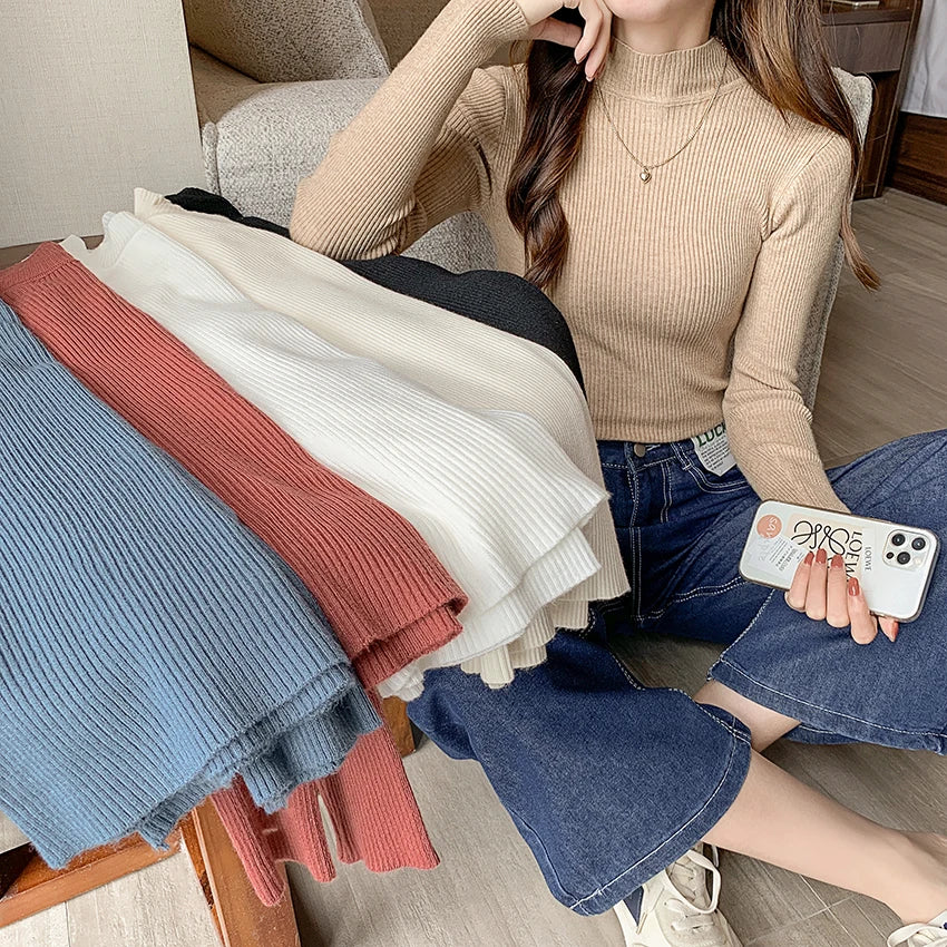 Autumn Winter Mock Neck Women Sweater Vintage