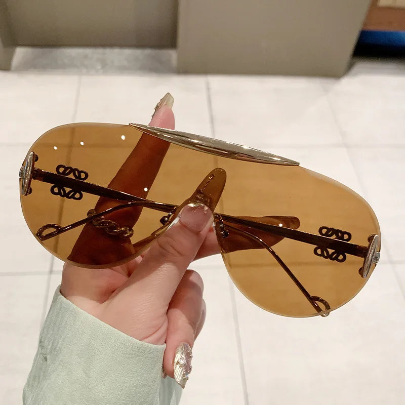 Cutting rimless oversize one piece shield sunglasses for women fashion alloy big frame gradient Y2K sun glasses ladies shades