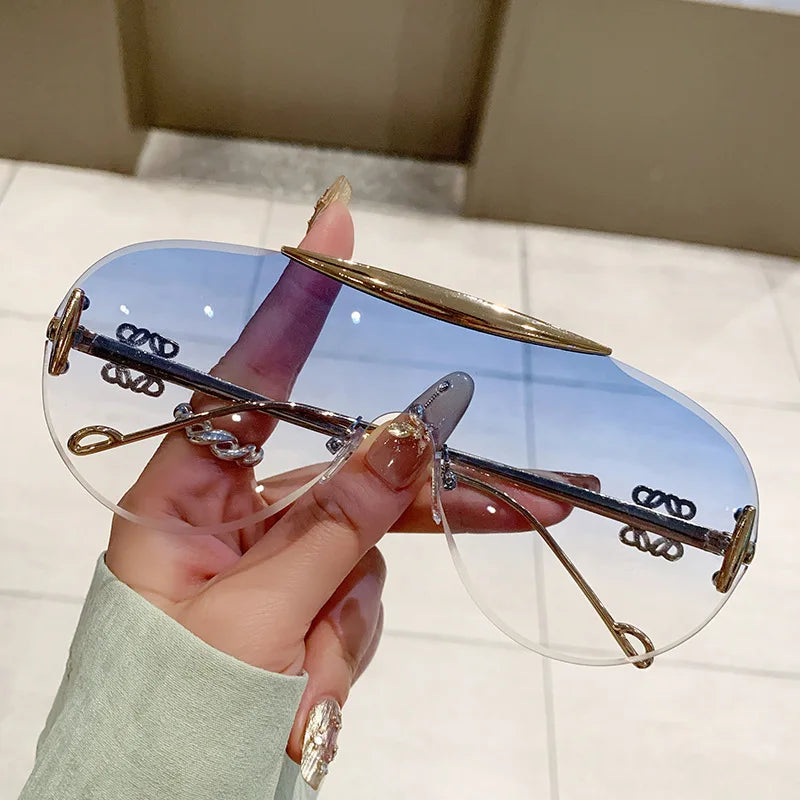 Cutting rimless oversize one piece shield sunglasses for women fashion alloy big frame gradient Y2K sun glasses ladies shades