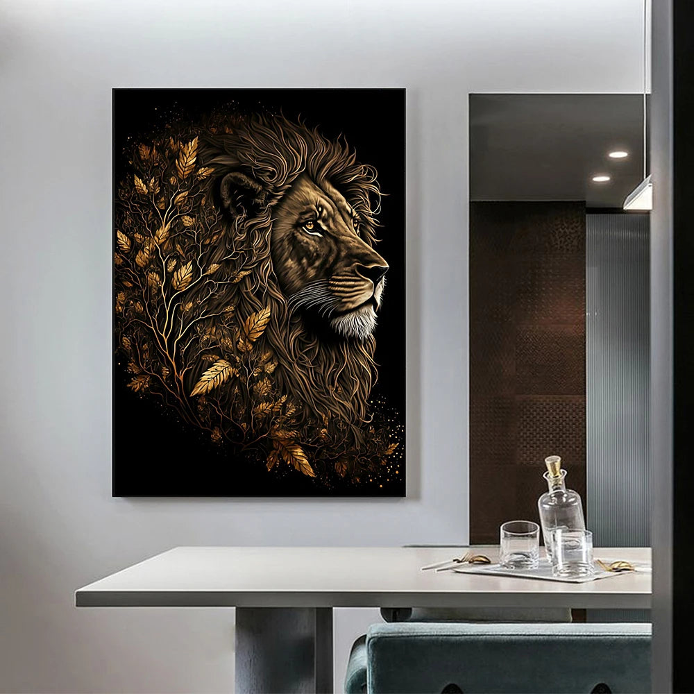 Abstract Black Gold Animal Canvas Painting Owl Tiger Lion Wolf Eagle Zebra Bull Posters Wall Art Pictures for Room Home Decor