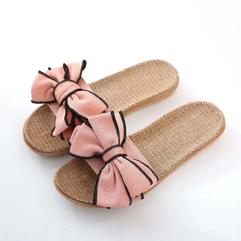 Women Summer Casual Slides Comfortable Flax Slippers Striped Bow Linen Flip Flops Platform Sandals Ladies