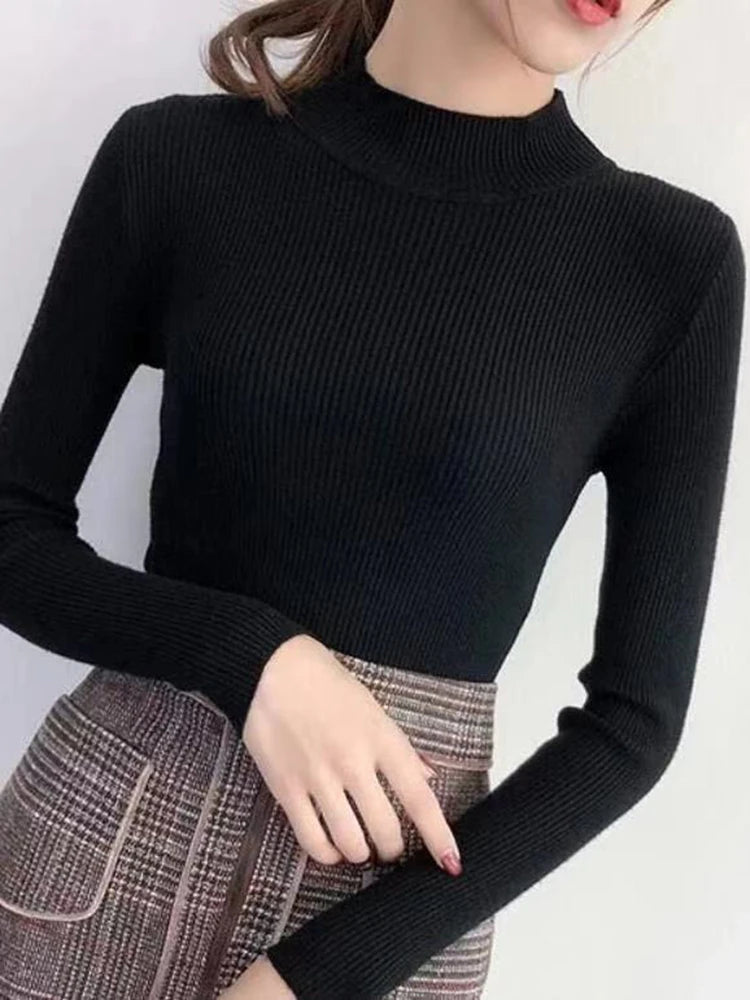 Autumn Winter Mock Neck Women Sweater Vintage