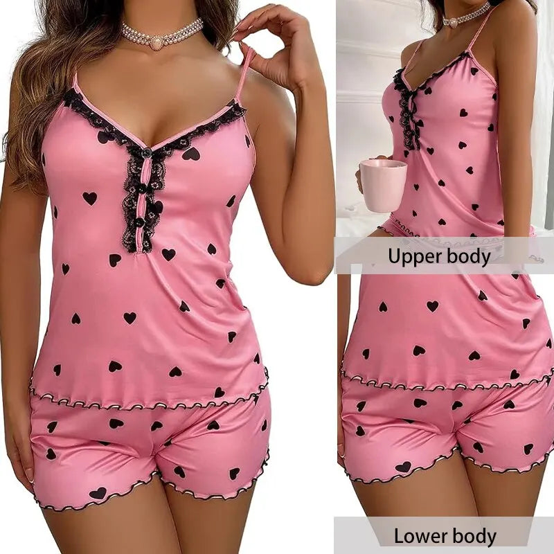 Sexy Summer Two Pieces Women Pajamas Set Deep V-Neck Tops And Shorts