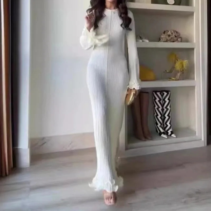 2024 Autumn New Ladies Elegant Flared Sleeve Knitted Dress Women Fashion Crew Neck White Slim Robes Summer Female Party Dresses